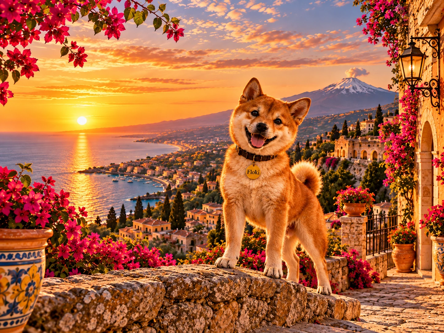 Floki arriving in Taormina, Sicily, with the sea to the left and Mount Etna to the right