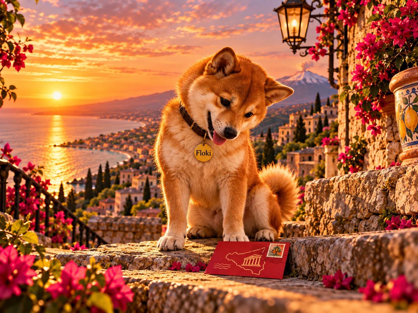 Floki inspecting an open travel suitcase in Taormina