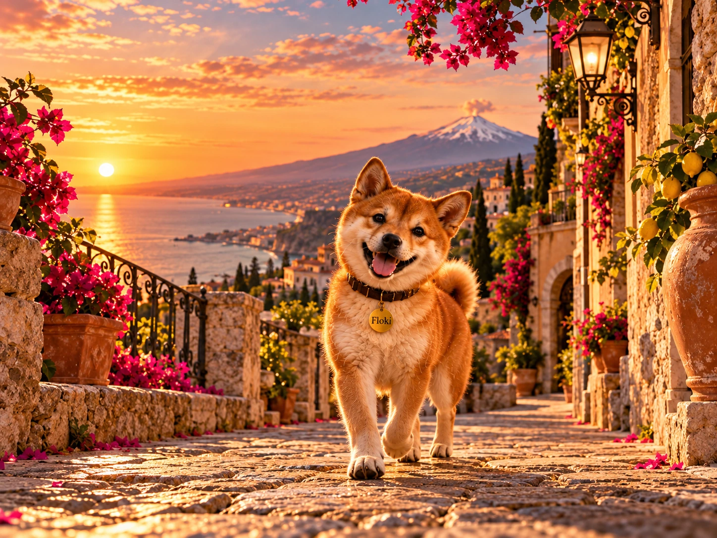 Floki sitting in Taormina at sunset with Mount Etna in the distance